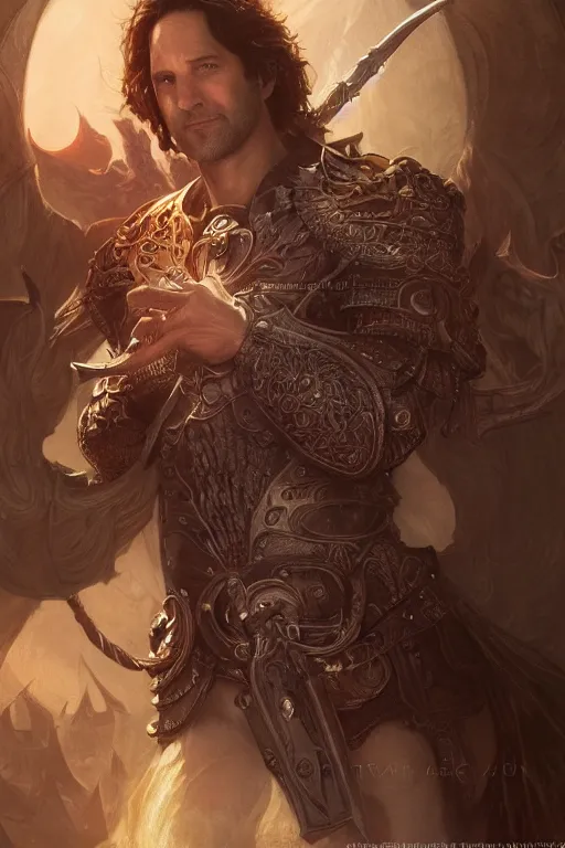 Image similar to ultra realistic illustration, paul rudd as lancelot from baldurs gate and diablo, intricate, elegant, highly detailed, digital painting, artstation, concept art, smooth, sharp focus, illustration, art by artgerm and greg rutkowski and alphonse mucha