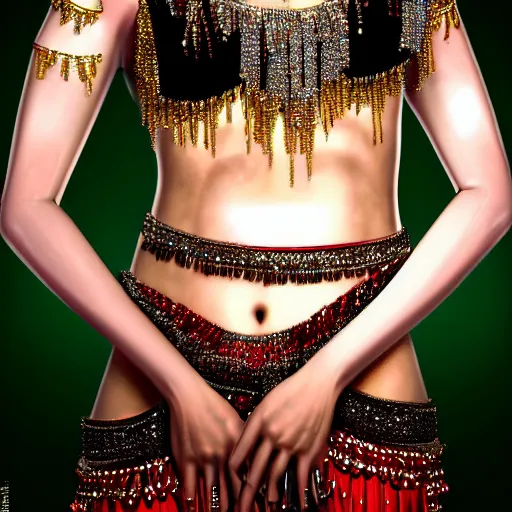 Image similar to a portrait of emma stone dressed as a belly dancer, arabian night, high quality, fully detailed, 4 k, in focus face with fine details, realistic hand details and anatomy, inspired by belly dancer shakira