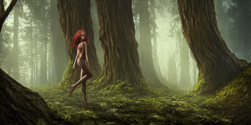 Prompt: detailed matte painting portrait of a menacing dryad in a redwood forest, dramatic lighting and composition, surreal background, octane render, pixar, trending on artstation, concept art, comic book, volumetric lighting 8 k