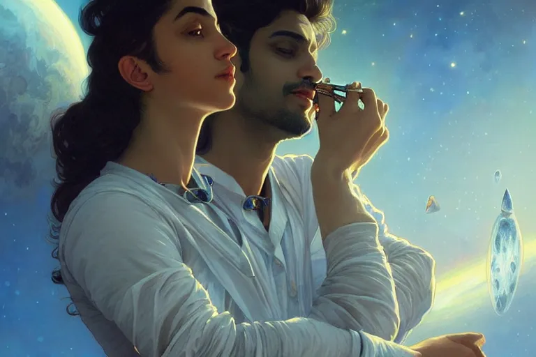 Image similar to Sensual good looking pale young Indian doctors wearing jeans in a space station above Earth, portrait, elegant, intricate, digital painting, artstation, concept art, smooth, sharp focus, illustration, art by artgerm and greg rutkowski and alphonse mucha