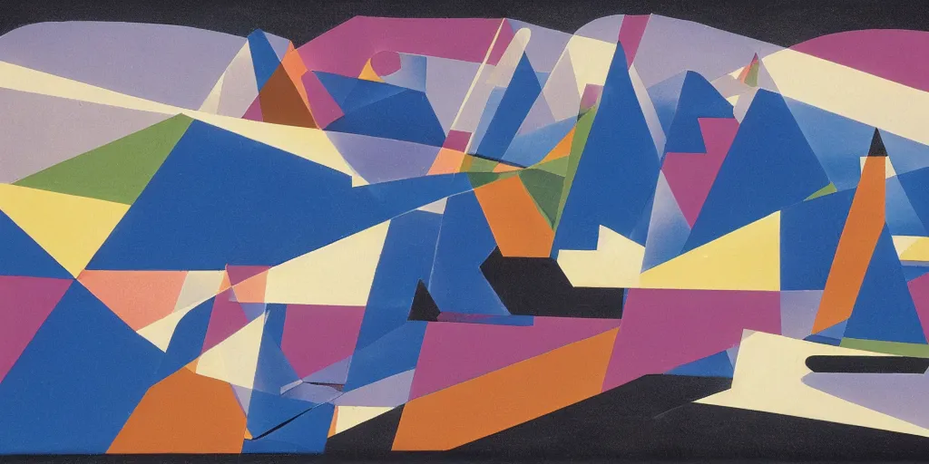 Image similar to narrow night landscape distant mountains bauhaus abstract by moholy nagy, laszlo, black blue magenta