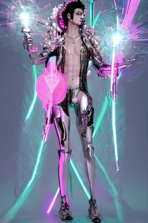 Image similar to full-body rococo and cyberpunk style crystal quartz sculpture of a young handsome seductive Cuban android gogo dancer reaching for the sky, glowing pink laser eyes, crown of white gears and diamonds, swirling green-colored silk fabric. futuristic elements. full-length view. intricate artwork by caravaggio. Trending on artstation, octane render, cinematic lighting from the right, hyper realism, octane render, 8k, depth of field, 3D