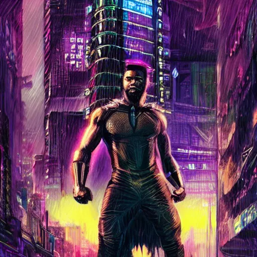 Image similar to high detailed kilmonger from black panther in a cyberpunk rainy city at night by eliran kantor, michael b jordan, hand drawn, illustration, purple and blue neons, unreal engine, high quality, 4 k, uhd, trending on artstation, wires, blade runner vibes, ghost in the shell, akira, dorohedoro