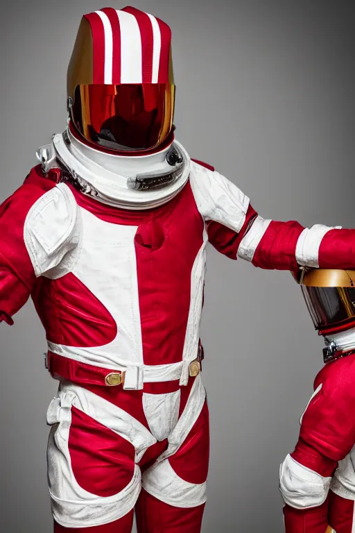 Prompt: photography of red and white space suits designed for knights templar, tubings, helmet with intricate design, golden linings, photo shoot, by annie leibovitz, sigma 85mm 1.4, glows, sharp, high contrast, octane render