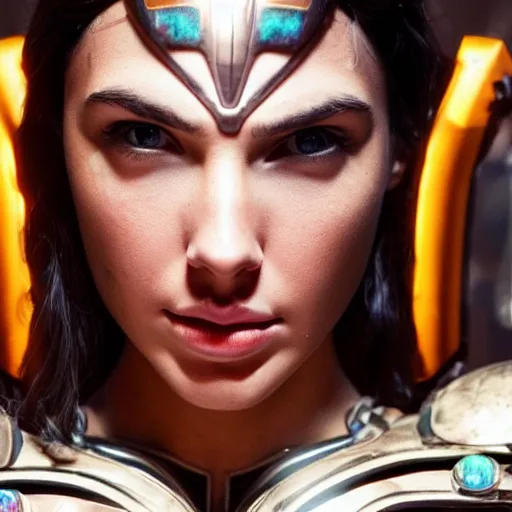 Image similar to beautiful Fine art photo of a young quiet Gal Gadot as a cyberpunk mayan robotic godess, photorealistic, centered, highly detailed and intricate, sun lighting, 8k