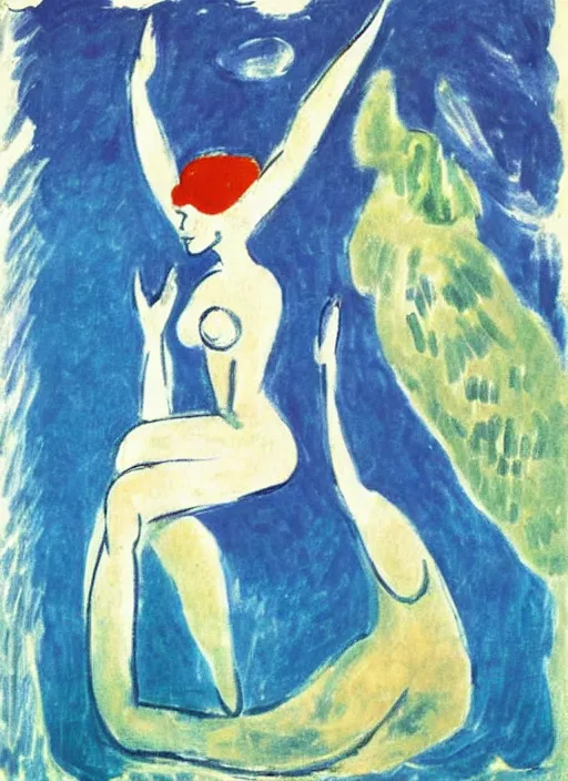 Prompt: empty long dress, floats underwater in the sea, art by henri matisse