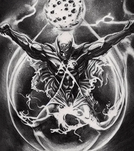 Image similar to tattoo design sketch of arteus fighting demons and a faded background of orbital earth bombardment on the side, hyper - realistic, double exposure effect, in the style of greek myths, amazing detail, black and white, faded