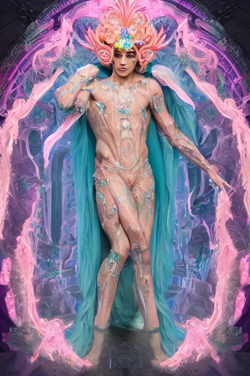 Image similar to photo of full-body rococo and cyberpunk delicate neon crystalline sculpture of ((handsome muscular onyx albino prince Liam Payne)) as an blue iridescent humanoid deity wearing ((peach plastic hooded cloak)) (holding an onyx skull) in a onyx castle dungeon, reclining, glowing pink face, crown of (pink lasers), large blue diamonds, swirling black silk fabric. futuristic elements. oozing glowing liquid, full-length view. space robots. intricate artwork by caravaggio. Trending on artstation, octane render, cinematic lighting from the right, hyper realism, photorealistic, octane render, 8k, depth of field, 3D