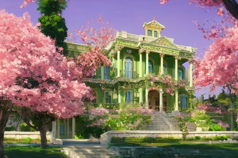 Prompt: green weed grow house, rococo style, greek architecture, pink marble building, sakura trees, sakura season dynamic lighting, landscape, artwork by jeremy lipkin and giuseppe dangelico pino and michael garmash and rob rey and greg manchess and huang guangjian and makoto shinkai, pixiv, 1 0 0 mm