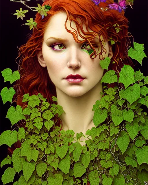 Image similar to closeup portrait the platonic ideal of flowers and vines, poison ivy, beautiful succubus, intricate, hyperrealism, intense, dmt, artgerm, moebius, greg rutkowski, maxfield parrish, dan mumford, moebius, alphonse mucha