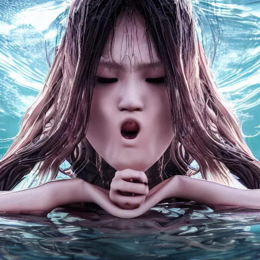 Prompt: beautiful, terrifying, demonic, full body female, with the body of a goddess, seaweed bikini top, a beautiful asian girl face, tentacles as hair, with parasitic tentacles crawling up her, in a underwater horror scene, photo realistic, dramatic cinematic lighting, octane render, 4k, ultra detailed