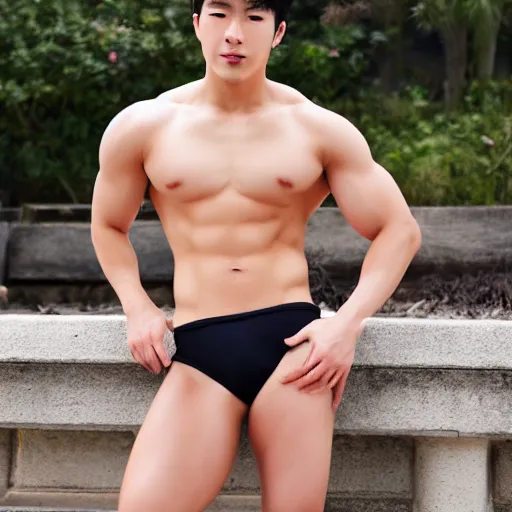 Prompt: korean muscle boy 2 1 years old, posing, small bikini and thicc bulge