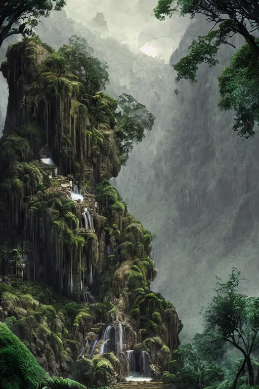 Image similar to carved into a Mountain a temple above a waterfall, arches adorned pillars, archways, gnarly trees, lush vegetation, forrest, a small stream runs beneath the waterfall, landscape, raphael lacoste, eddie mendoza, alex ross, concept art, matte painting, highly detailed, rule of thirds, dynamic lighting, cinematic, detailed, denoised, centerd