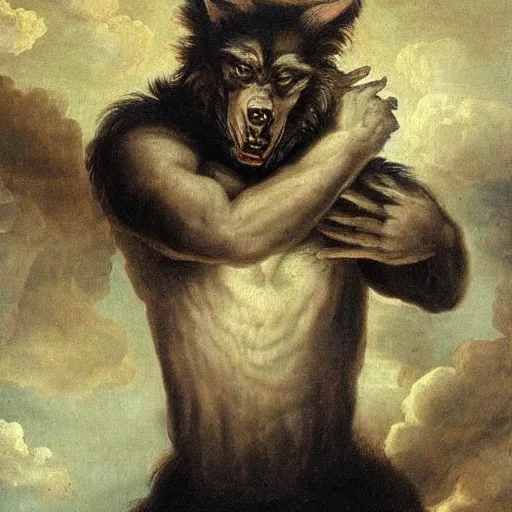 Prompt: a beautiful baroque painting of a werewolf.