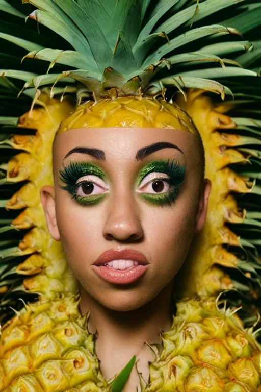 Image similar to doja cat as a dole pineapple, human face in the shape of a pineapple, professional food photography, dole pineapple