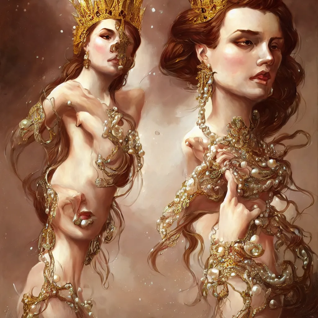 Image similar to a realistic liquid queen with a decorated dress made of white pearls , highly detailed, digital painting, Trending on artstation , HD quality, by artgerm and greg rutkowski and alphonse mucha, dramatic light, octane