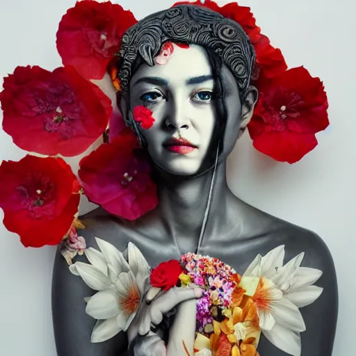 Image similar to A beautiful sculpture by Sandra Chevrier, background flowers by Zhang Jingna, 50mm