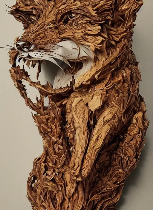 Prompt: sculpture of fox made of wood, portrait, female, future, wood, tree, harper's bazaar, vogue, magazine, insanely detailed and intricate, concept art, close up, ornate, luxury, elite, elegant, trending on artstation, by ruan jia, by Kenneth Willardt, by ross tran, by WLOP, by Andrei Riabovitchev,