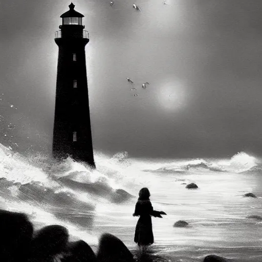 Image similar to lighthouse, ocean, two loons, crashing waves, light, black and white, tattoo art, dramatic lighting, illustration by Greg rutkowski, yoji shinkawa, 4k, digital art, concept art, trending on artstation