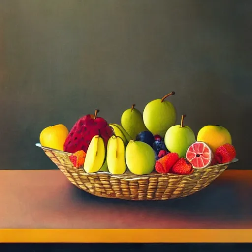 Prompt: a fruit basket on top of a kitchen table, art deco