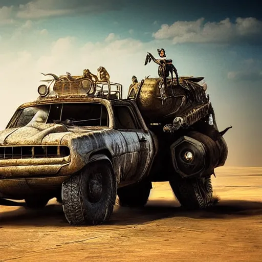 Prompt: truck as a rhinoceros in the style of mad max, cinematic composition, intricate photorealism, high detail, many exotic high end features, concept art