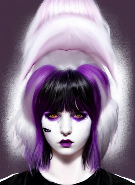 Image similar to portrait of white teenage girl, normal face, white bangs, mall goth, cyberlox, black and white hair, bangs, fluffy bangs, red contact lenses, purple lipstick, intricate, elegant, highly detailed, digital painting, artstation, concept art, sharp focus, smooth, illustration, art by wlop, mars ravelo and greg rutkowski