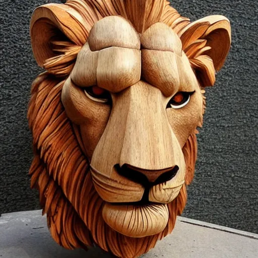 Image similar to lion made out of wood, detailed, realistic,