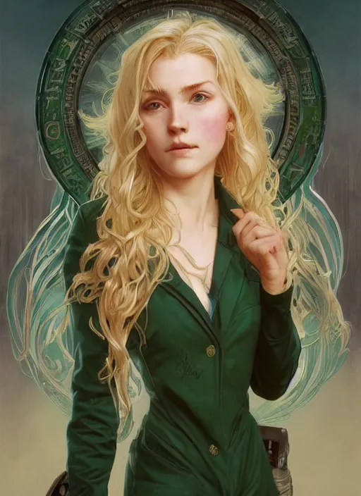 Image similar to a young april with a mischievous face and extremely long blonde wavy hair dressed in a green pale mechanic suit, she have three little scars marks on her forehead, intricate detailed face, artgerm, greg rutkowski, alphonse mucha