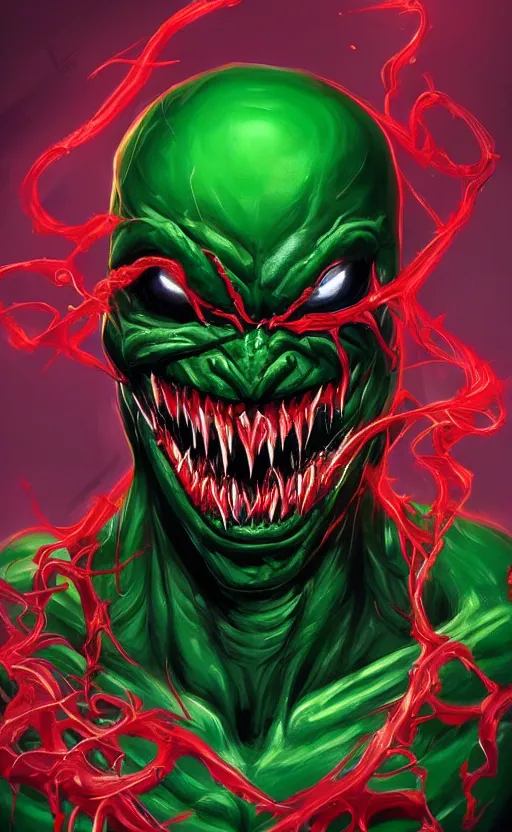 Image similar to portrait of venom as the green goblin, black and red, dynamic lighting, cinematic, ultra detailed, trending on art station, stunning visuals, creative, fantasy concept art