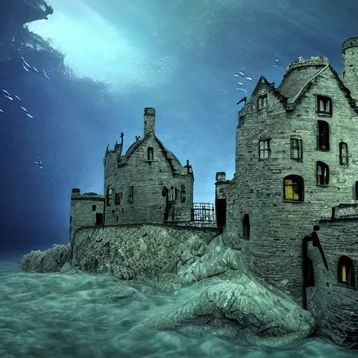 Prompt: underwater edinburgh castle, deep underwater, fish shoal, concept art in style of Greg Rutkowki, dynamic lighting, 8k, very very very highly detailed, hyper realistic realistic