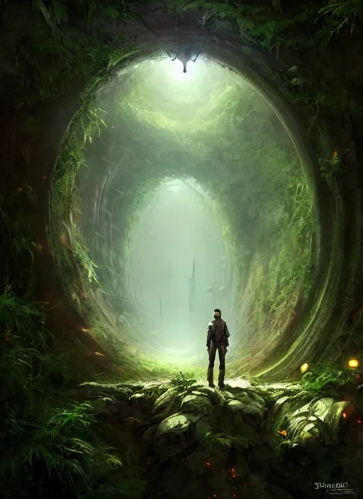 Image similar to a man standing in a tunnel in the middle of a forest, a matte painting by stephan martiniere, featured on cgsociety, fantasy art, matte painting, unreal engine 5, tesseract