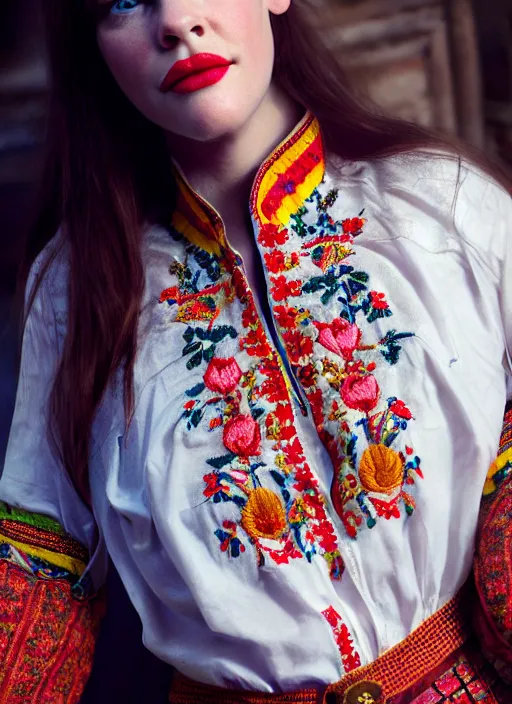 Image similar to young liv tyler, ukrainian national clothes, embroidered shirt, portrait of young woman, 8 k ultra realistic, lens flare, atmosphere, glow, detailed, intricate, full of colour, led lighting, 4 k, hyperrealistic, focused, extreme details, unreal engine 5, masterpiece