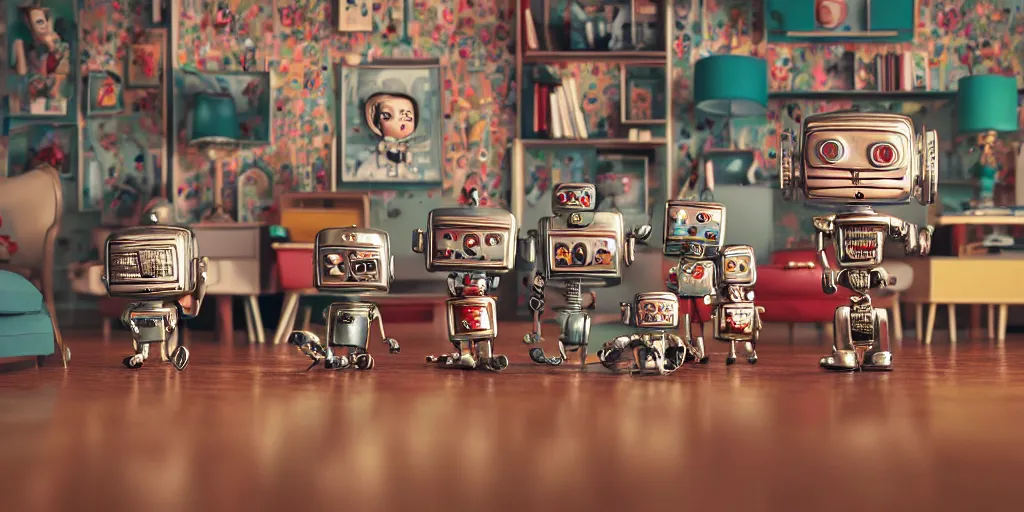 Image similar to closeup portrait of tin toy retro living room of robot family, depth of field, zeiss lens, detailed, centered, fashion photoshoot, by nicoletta ceccoli, mark ryden, lostfish, breathtaking, 8 k resolution, extremely detailed, beautiful, establishing shot, artistic, hyperrealistic, octane render, - h 8 0 4