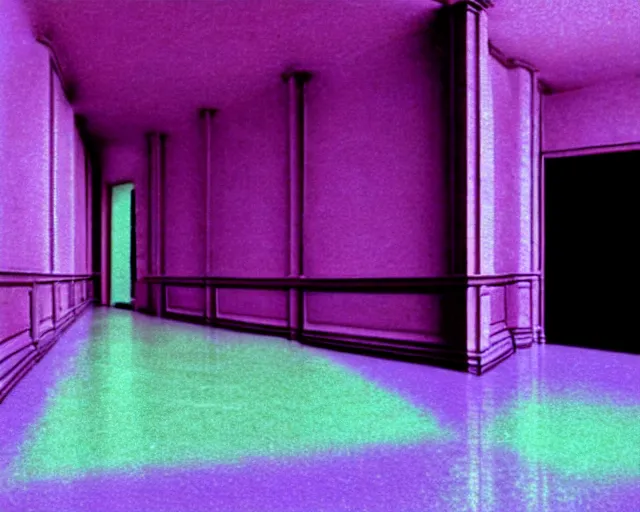 Image similar to a long hallway with a purple wall and some stairs, a hologram by michelangelo, cg society, harlem renaissance, y 2 k aesthetic, vaporwave, 1 9 9 0 s