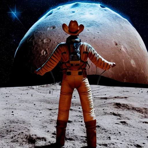 Image similar to cowboy on the moon, standing pose, planet earth background, photorealistic, octane render, blender render, unreal engine