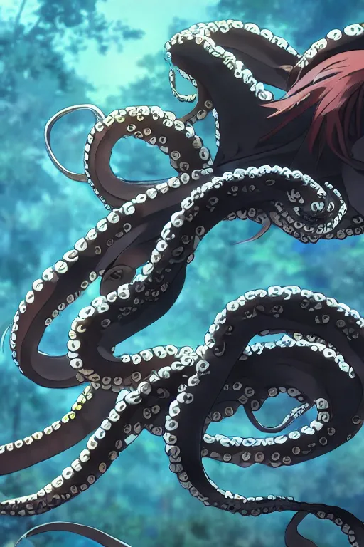 Image similar to key anime visuals of an octopus ninja, fighting with a katana. highly detailed, intricate, directed by makoto shinkai, anime manga style, trending on art station.