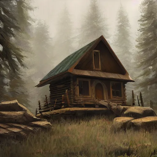 Image similar to a painting of a eerie cabin in the middle of the woods in the style of craig mullins