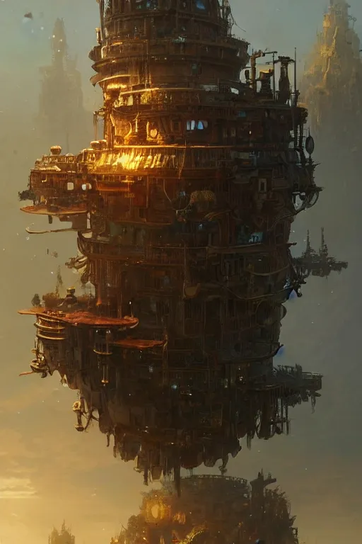 Image similar to Floating steampunk island, art by Greg Rutkowski , trending on artstation, artstationHD, artstationHQ, 4k, 8k