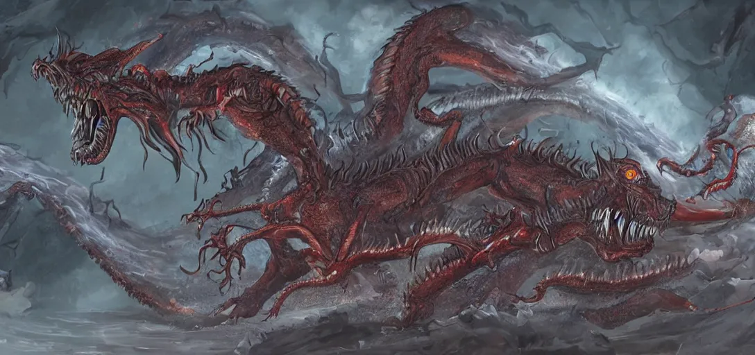 Image similar to concept art of dragon attack, lovecraftian, lots of teeth, melting horror, feathers, fighting the horrors of the unknown with laser guns