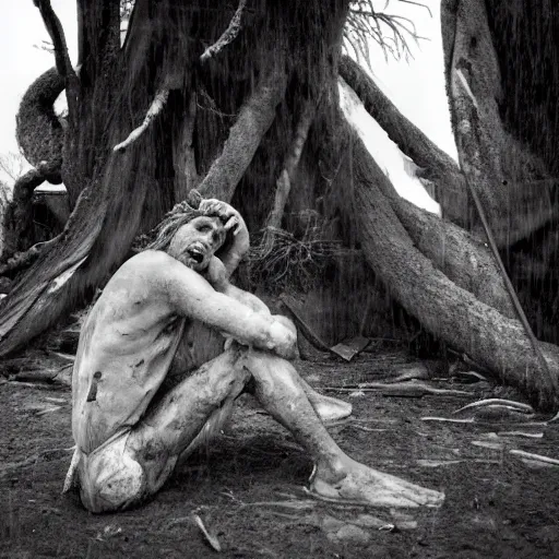 Image similar to The installation art shows a man caught in a storm, buffeted by wind and rain. He clings to a tree for support, but the tree is bent nearly double by the force of the storm. The man's clothing is soaked through and his hair is plastered to his head. His face is contorted with fear and effort. Babylonian by Bruno Munari, by Kazuo Koike energetic