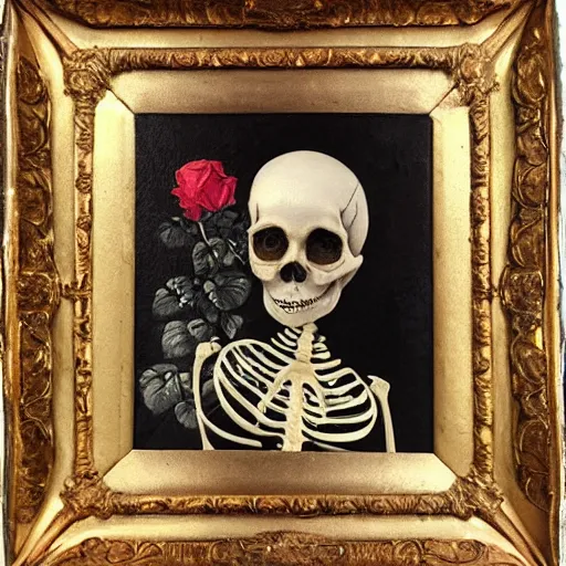 Prompt: an old masters oil painting of a beautiful woman who is part skeleton, she has half a skull face, she has beautiful victorian clothes on, roses rest on her lap,