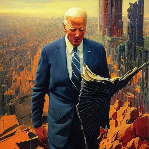 Image similar to portrait of immense, majestic, surreal, terrifying joe!!!! biden!!! crushing the city, perfectly clear face, by j. c. leyendecker, bosch, and beksinski