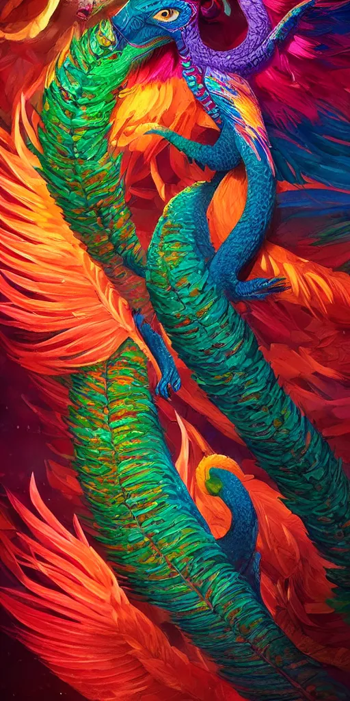 Image similar to colorful and festive captivating quetzalcoatl, quetzal feathers, rich vivid colors, ambient lighting, dynamic lighting, 4 k, atmospheric lighting, painted, intricate, highly detailed by charlie bowater