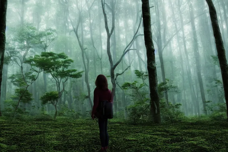 Prompt: a tourist visiting a complex organic fractal 3 d ceramic sphere floating in a lush forest, foggy, cinematic shot, photo still from movie by denis villeneuve