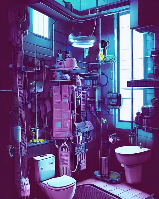 Image similar to IKEA catalogue photo of a cyberpunk bathroom, by Paul Lehr