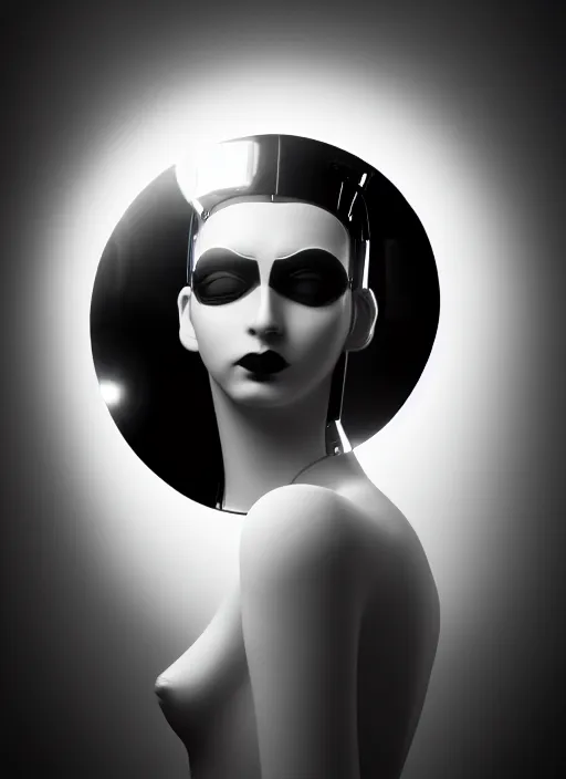 Prompt: surreal mythical dreamy dark artistic black and white fine art fashion portrait photo of a young beautiful delicate female metropolis robot kissing her mirror reflection, spiritual, halo, glory, rim light, cinematic, studio dramatic light, poetic, masterpiece, octane render, 8 k, photo - realistic by dora maar man ray