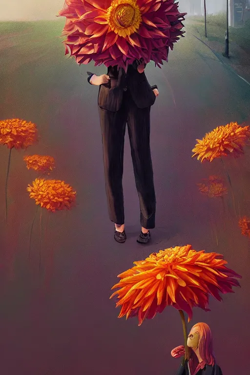 Image similar to giant dahlia flower head, frontal, girl in a suit, standing in street, surreal photography, sunrise, dramatic light, impressionist painting, digital painting, artstation, simon stalenhag