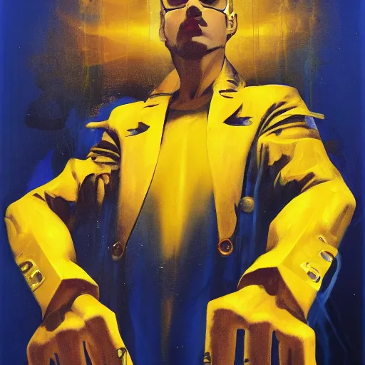 Prompt: portrait of the technological hacker magician in a dramatic jojo pose, golden blue outfit, oil on canvas by dave mckean, masamune shirow and david lynch