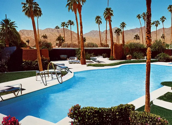 Image similar to a detailed photograph of a palm springs backyard pool in the 1 9 7 0 s by slim aarons, photoreal, 4 k, mist