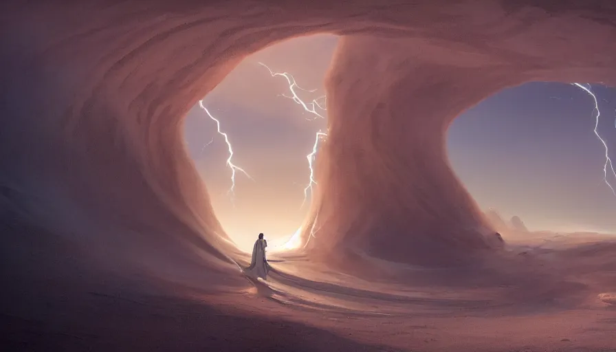 Image similar to a glowing magical portal inside a big wave made of sand fantasy desert, portal, a man watching over, lightning, arabia, by caspar david friedrich by james gilleard and justin gerard, artstation, smooth, sharp focus, by jean baptiste, octane render